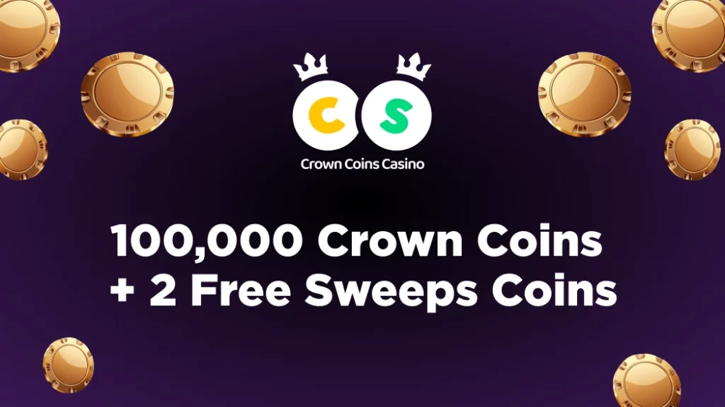 CrownCoins bonus Screenshot of Crown Coins Casino no deposit bonus and first purchase rewards.